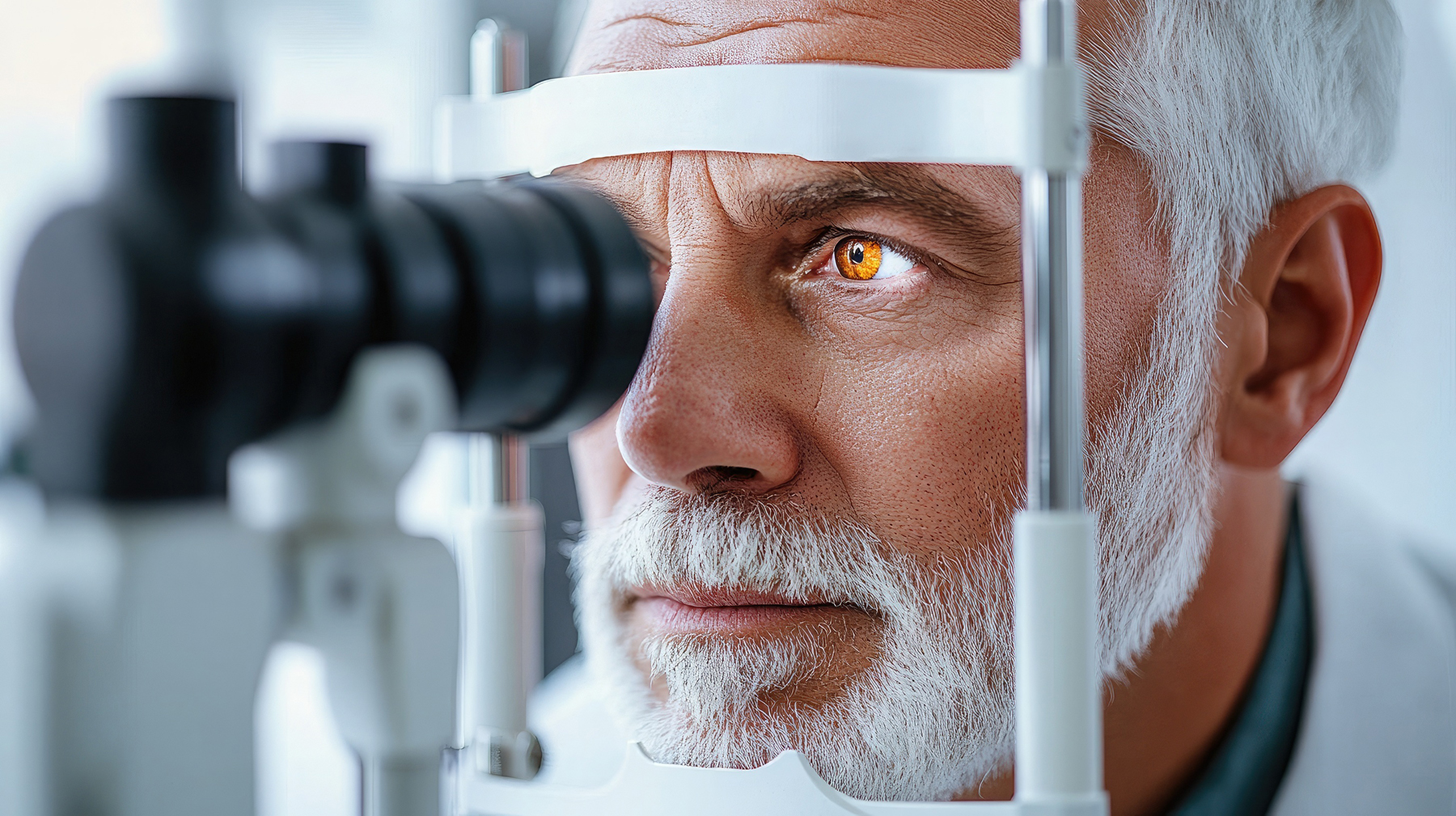 Senior man undergoes a comprehensive eye examination using advan Medical eye exam